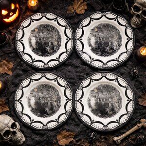 ROYAL STAFFORD COVEN HALLOWEEN 4 DINNER Plates Witches Ghost Haunted House 11"